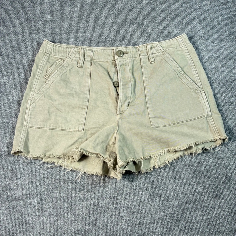 American Eagle Utility Shorts Womens 14 Khaki Green Frayed Hem Button Fly Cotton